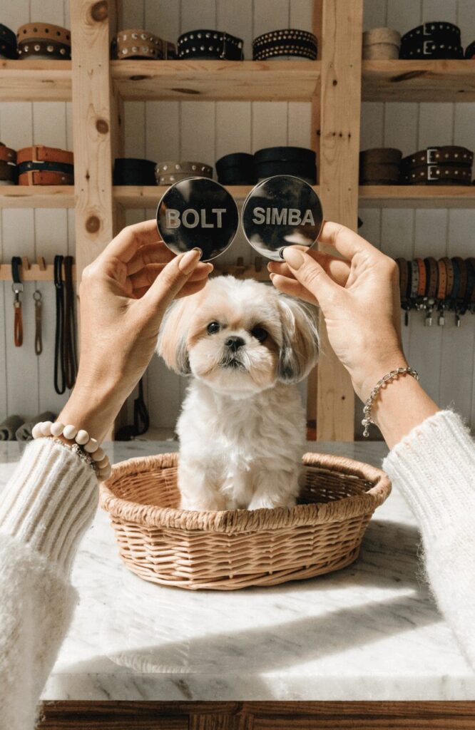person comparing two disney dog name engraved tags at a pet boutique counter