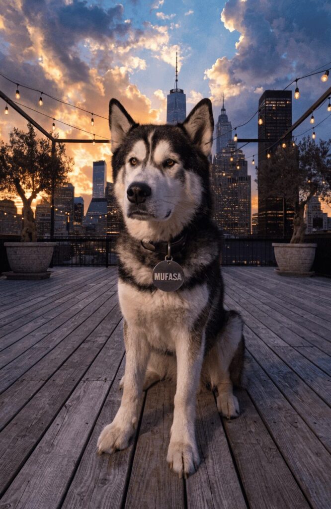 disney dog names for boys malamute with mufasa silver tag on urban rooftop at sunset