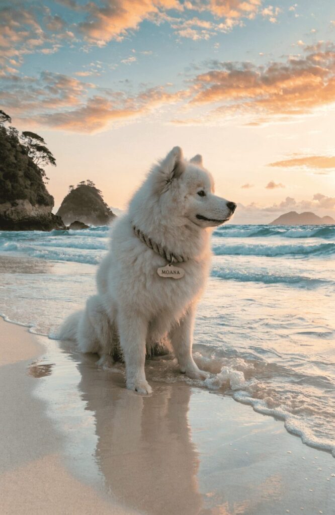 disney dog names female samoyed with moana silver tag on tropical beach at sunrise