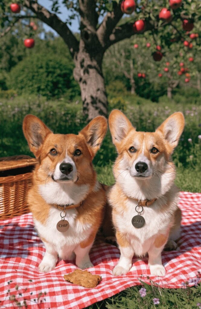 disney duo dog names two corgis with chip and dale engraved tags on garden picnic blanket