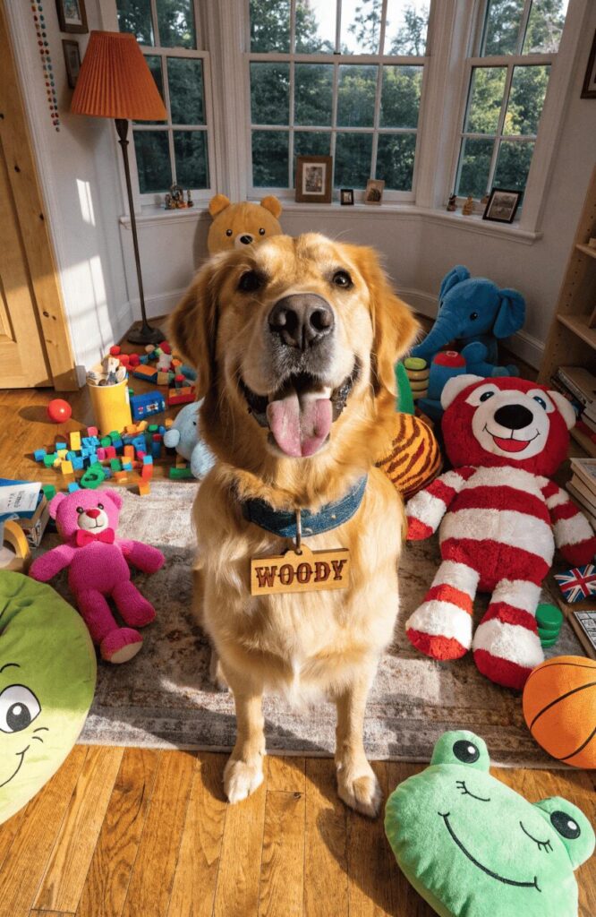 disney themed dog names golden retriever with woody tag in bright toy room