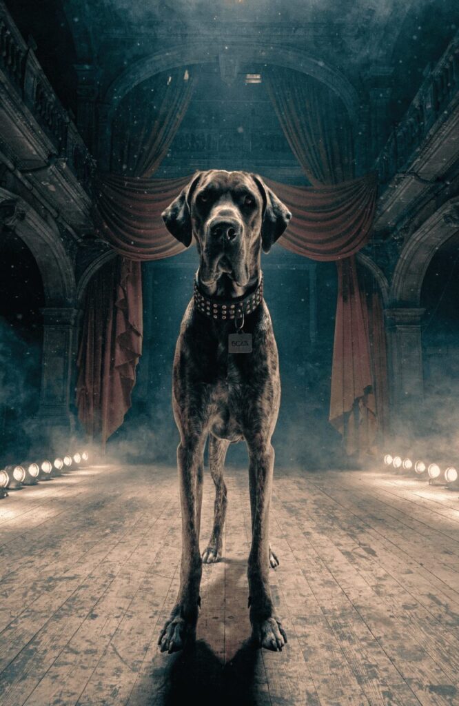dramatic disney villain dog name great dane with scar tag on abandoned theatre stage in fog