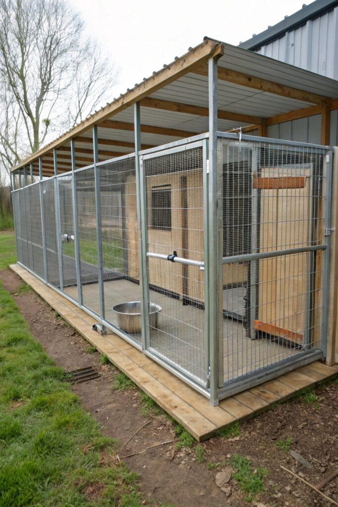 divided dog kennel design for separate dog and chicken living spaces