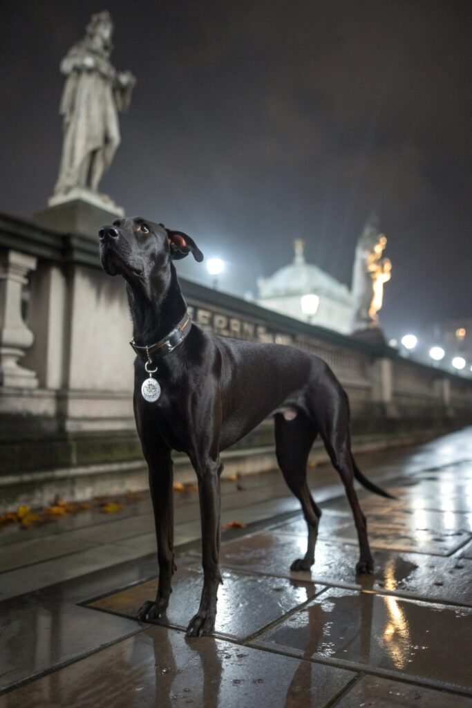 Mysterious black female dog glowing in moonlight with silver collar