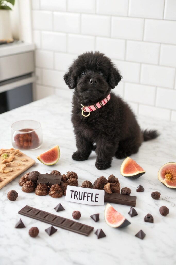 Black puppy sitting among colorful food props with food name tag
