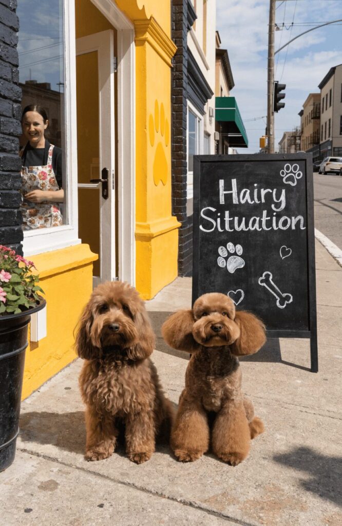 funny dog grooming business name on a humorous shop sign