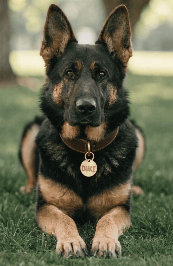 german shepherd names male dog wearing name tag