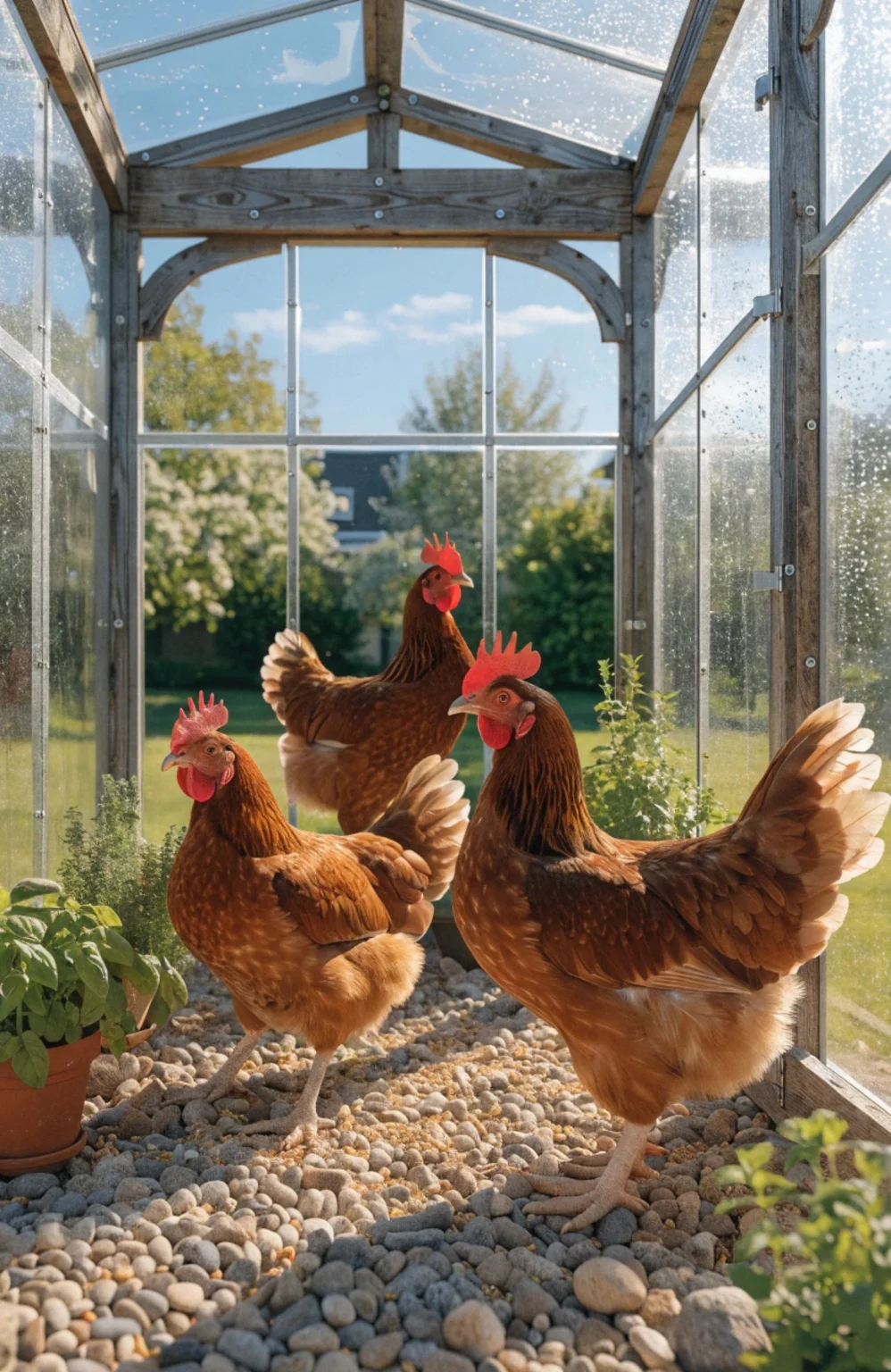 greenhouse-style chicken coop made from a dog kennel with polycarbonate panels