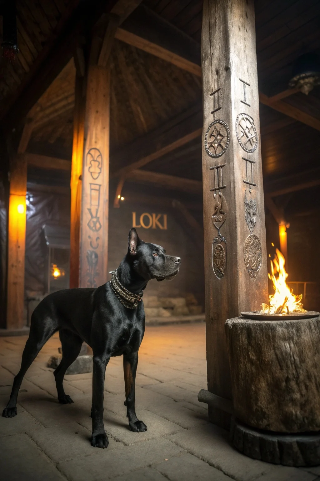 Black dog with ancient mythological name tag in dramatic setting