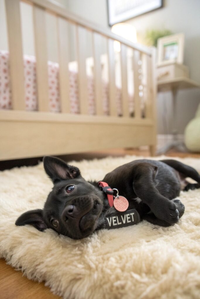 Tiny black puppy with adorable name tag on soft blanket indoors