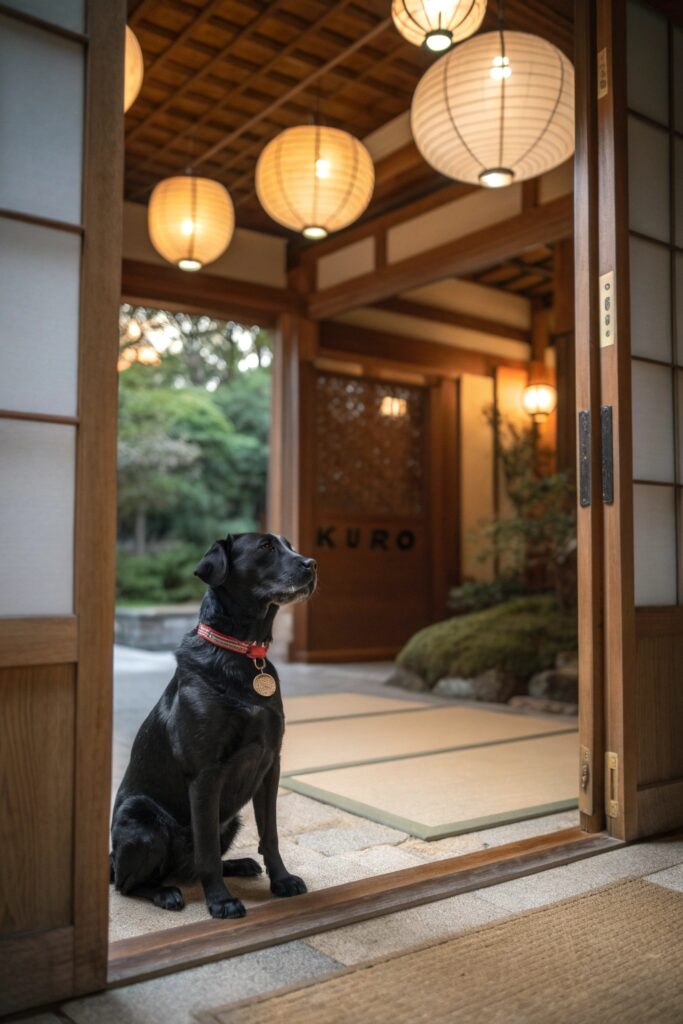 Black dog with multilingual engraved collar in cultural setting