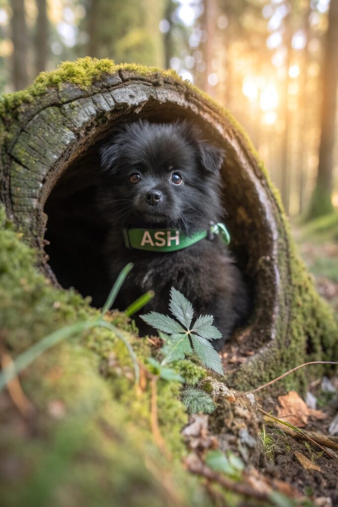 Cute black puppy in lush green nature setting with leaf collar