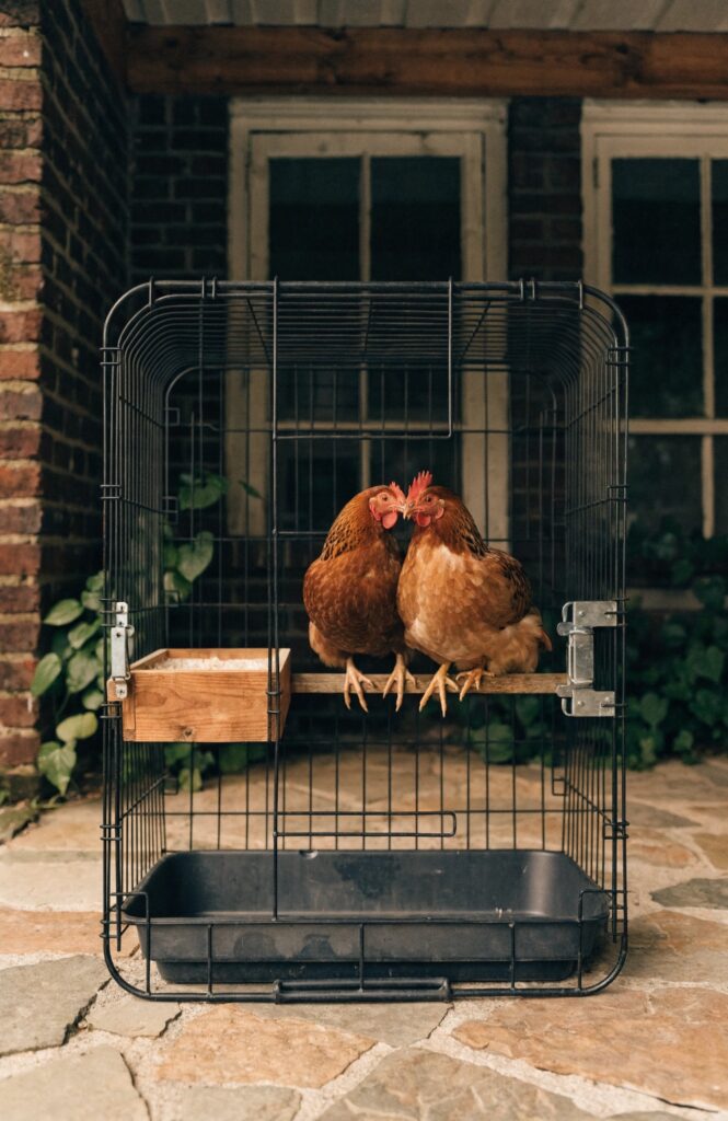 repurposed XL wire dog crate converted to a small backyard chicken coop
