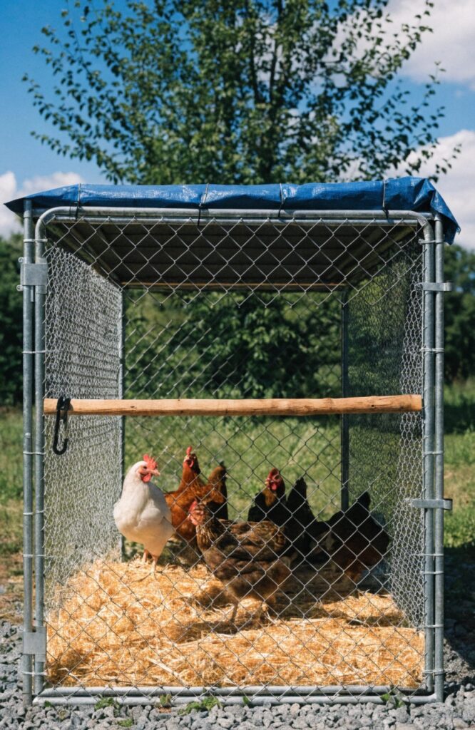 simple chain-link dog kennel conversion into a backyard chicken run