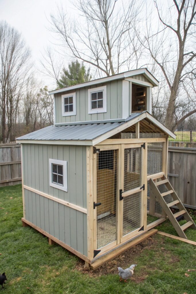two-story dog kennel coop with raised sleeping loft and ground level run