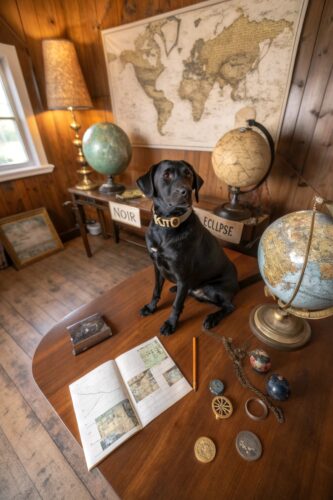 Black dog with themed collar tags in artistic creative setting