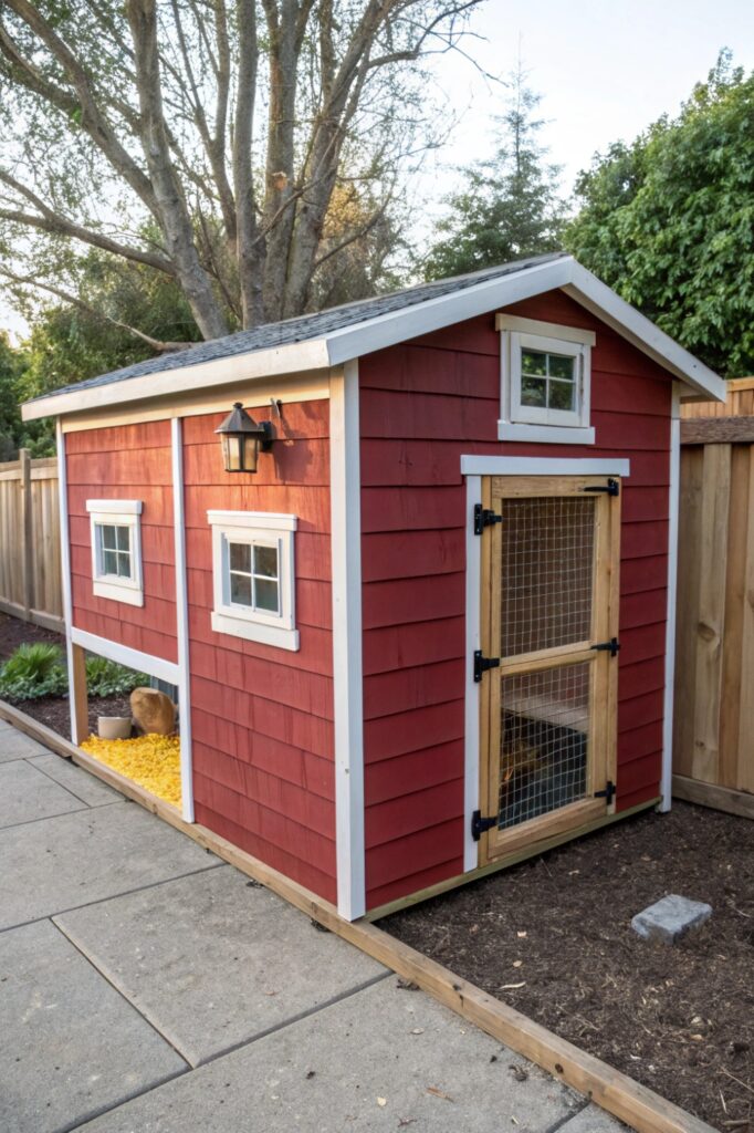 charming painted wooden dog kennel converted to a chicken coop