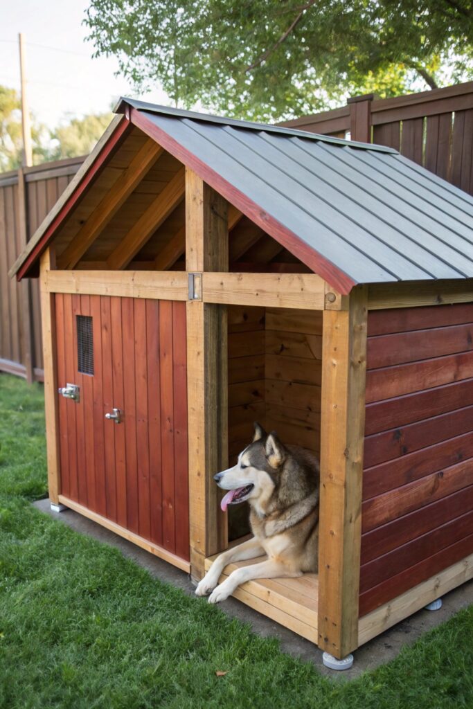 diy dog kennel outdoor wooden frame metal roof