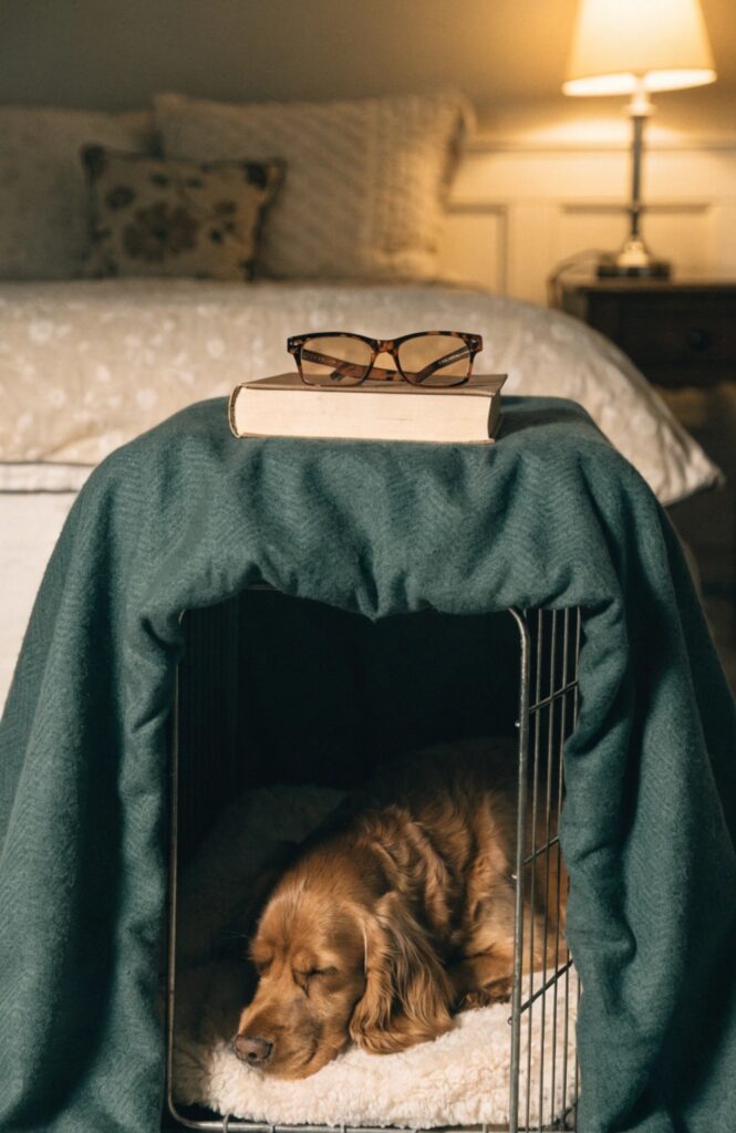thick woven throw blanket covering a wire dog kennel in bedroom