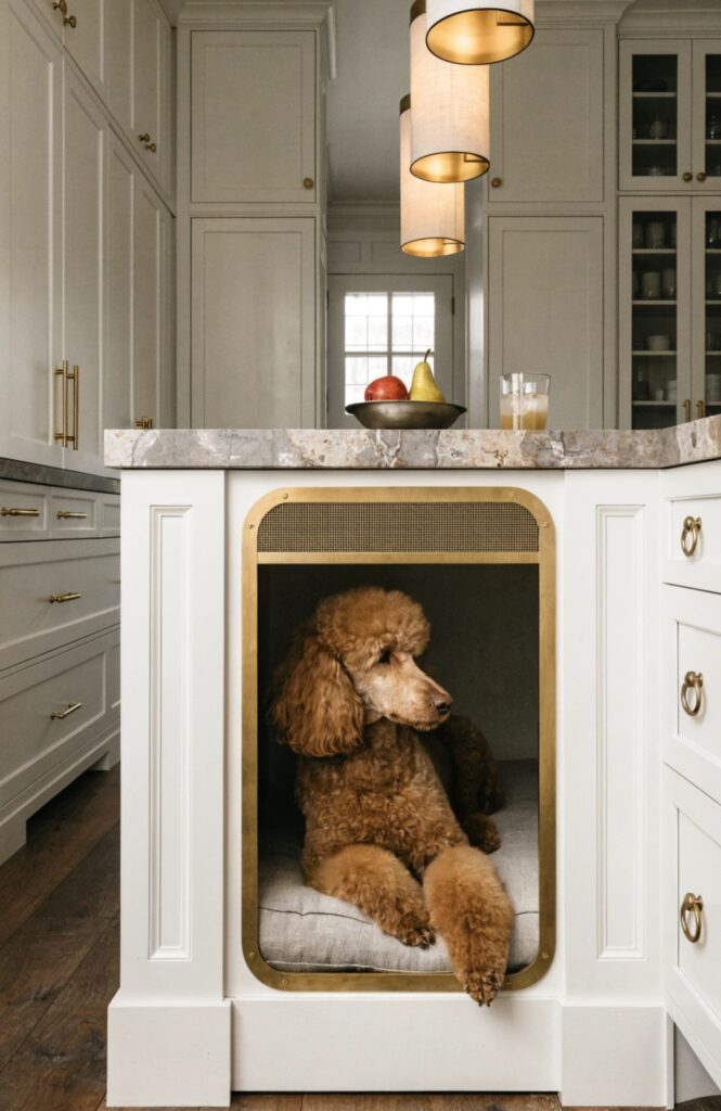 built in cabinetry dog kennel enclosure under kitchen island