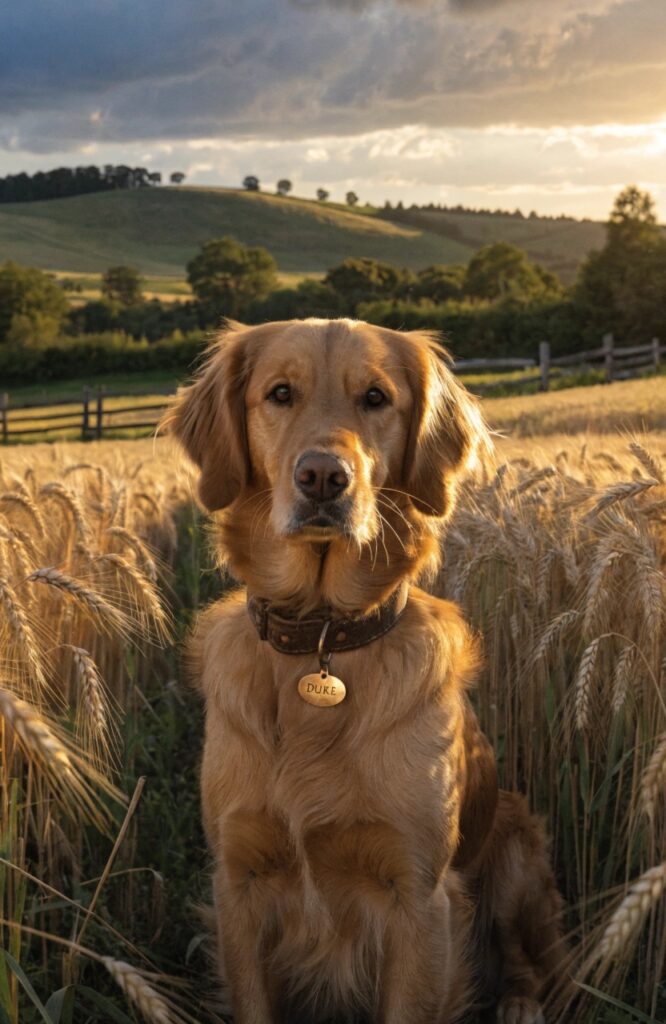golden retriever dog sitting in open field