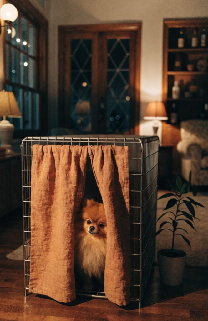 corner dog kennel with curtain door at home