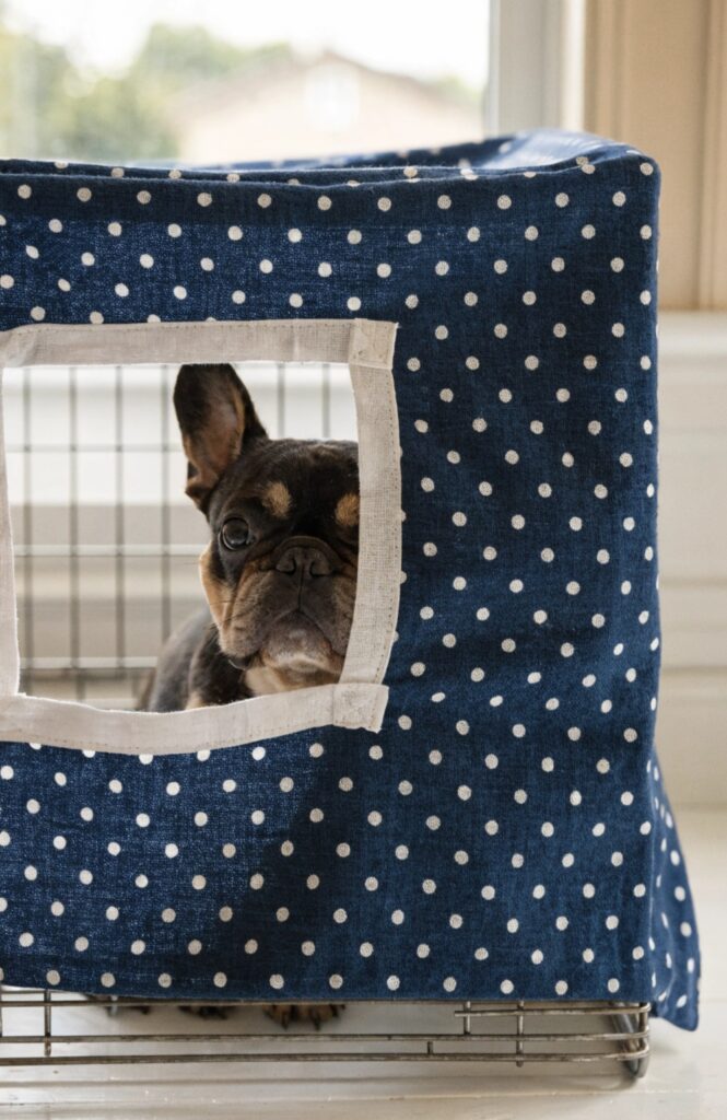 cute dog kennel cover diy with bold fabric pattern and mesh side panel