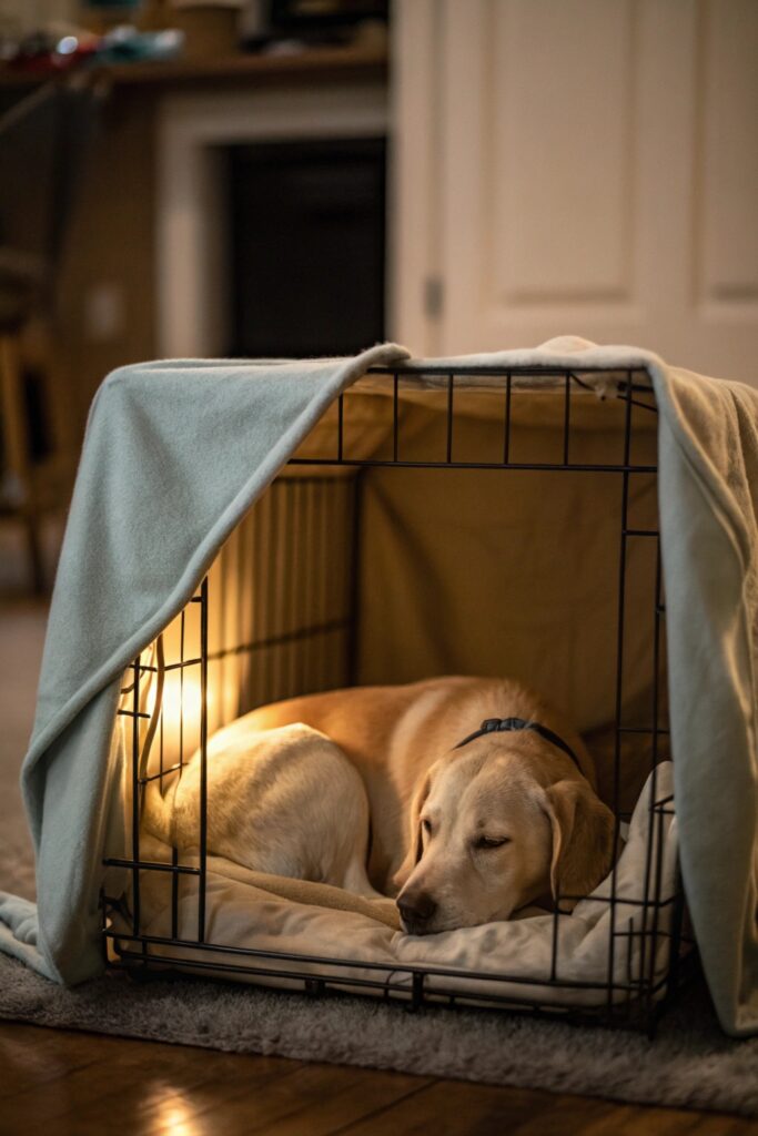 calm dog resting inside a covered wire kennel