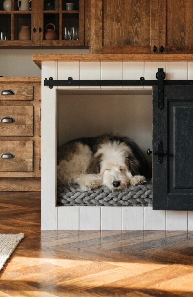 farmhouse style built in dog kennel inspiration barn door