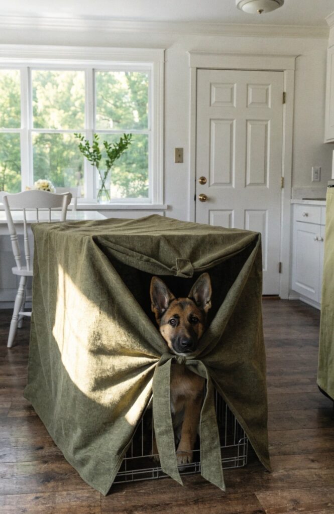 sewn flat panel canvas dog kennel cover with knotted tie flap