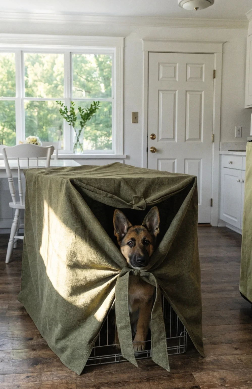 sewn flat panel canvas dog kennel cover with knotted tie flap