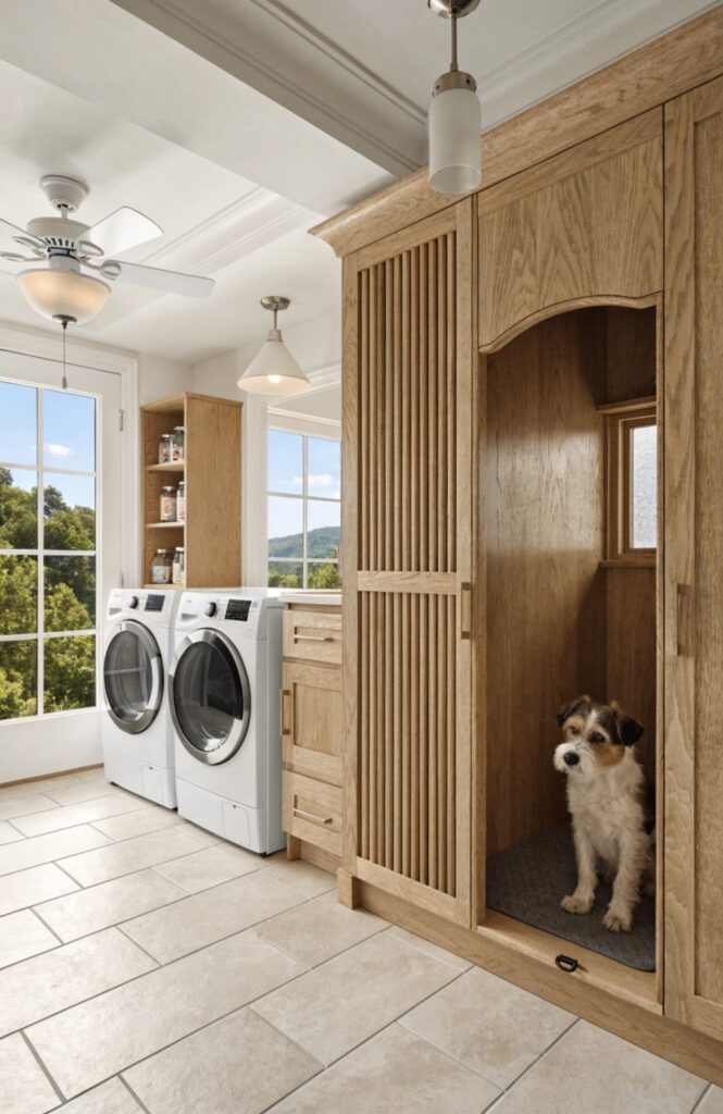 dog kennel in laundry room built ins corner placement