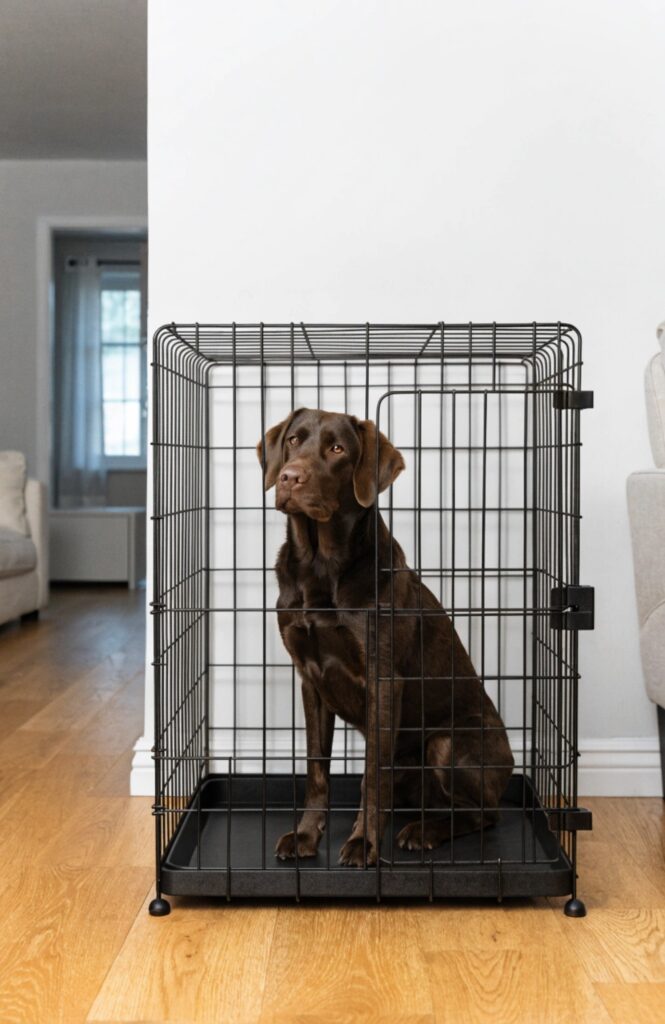 modern matte black wire kennel inside home