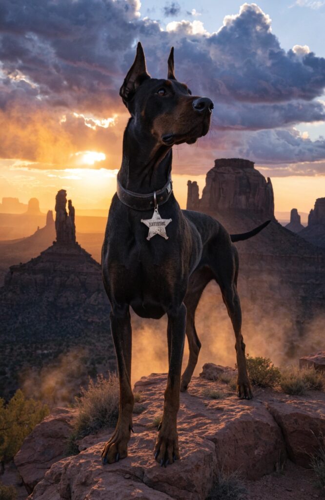 rugged male dog with outlaw western name tag in desert