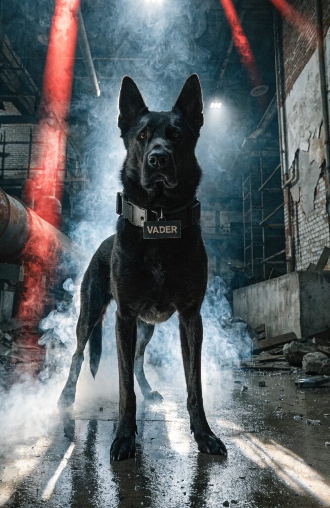 bold black German Shepherd with Vader tag in dramatic cinematic industrial lighting