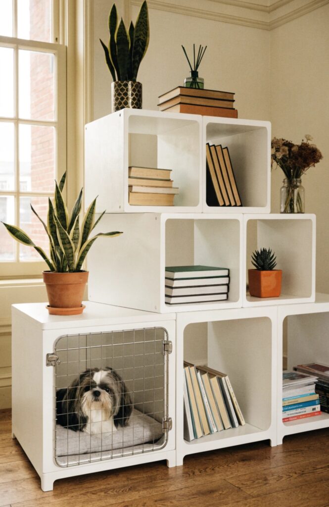bookcase converted into inside dog kennel
