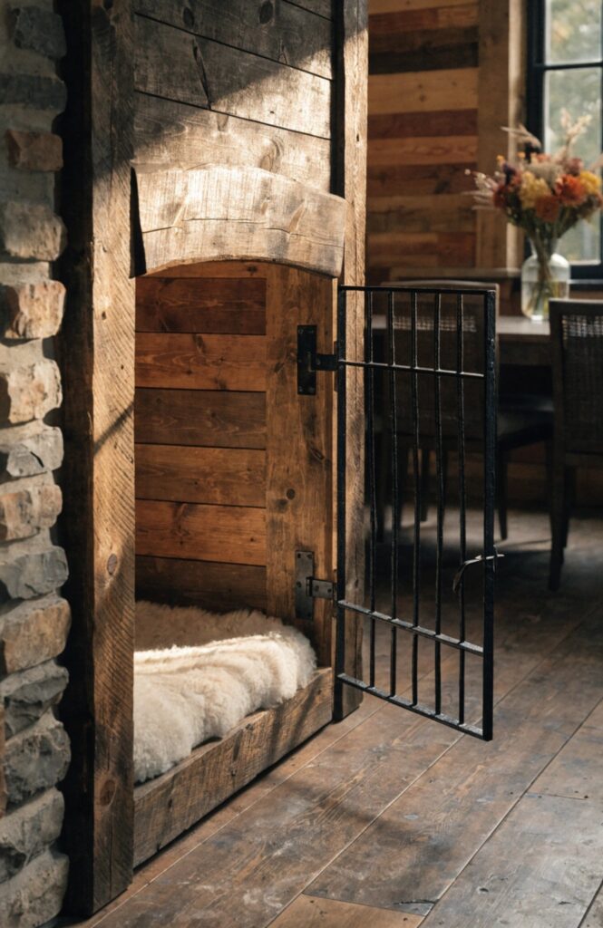 rustic wood built in dog kennel with iron hardware