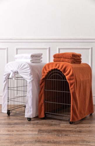 summer linen and winter fleece dog kennel covers side by side
