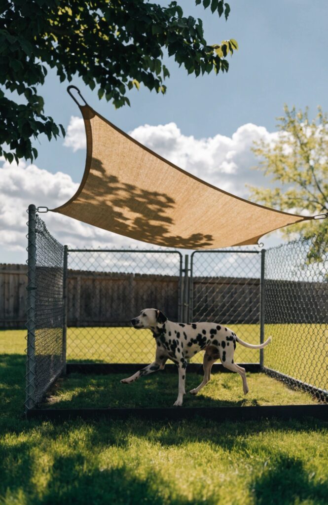outdoor dog kennel with UV resistant shade sail in sunny backyard