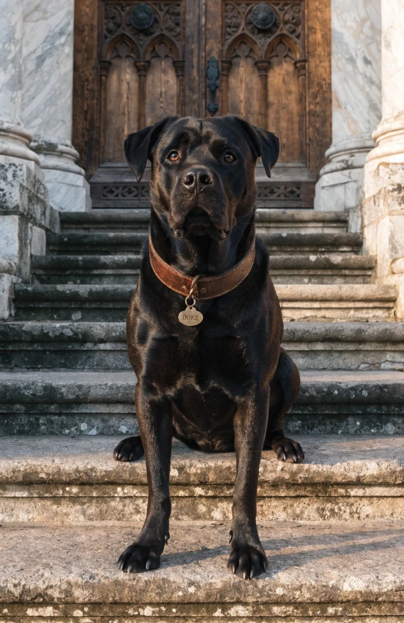 dignified black Rottweiler portrait on grand stone steps