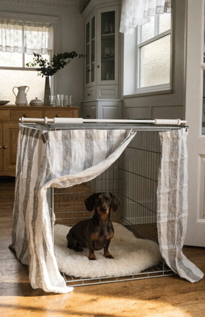 curtain panels on tension rod covering a wire dog crate