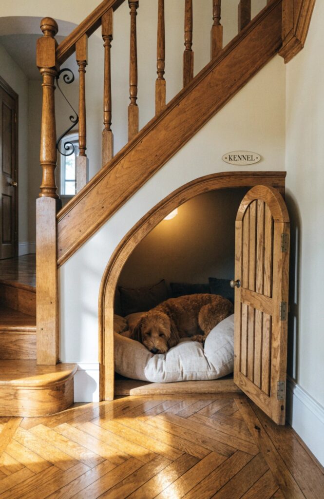 under stairs built in dog kennel with wooden gate