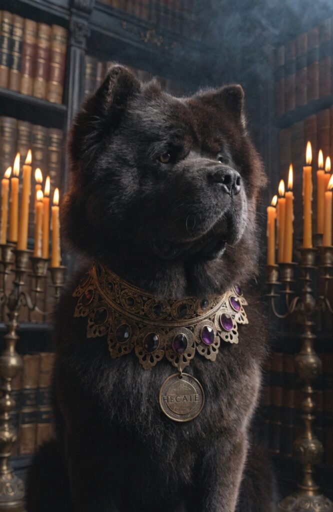 mysterious black Chow Chow in atmospheric candlelit ancient library