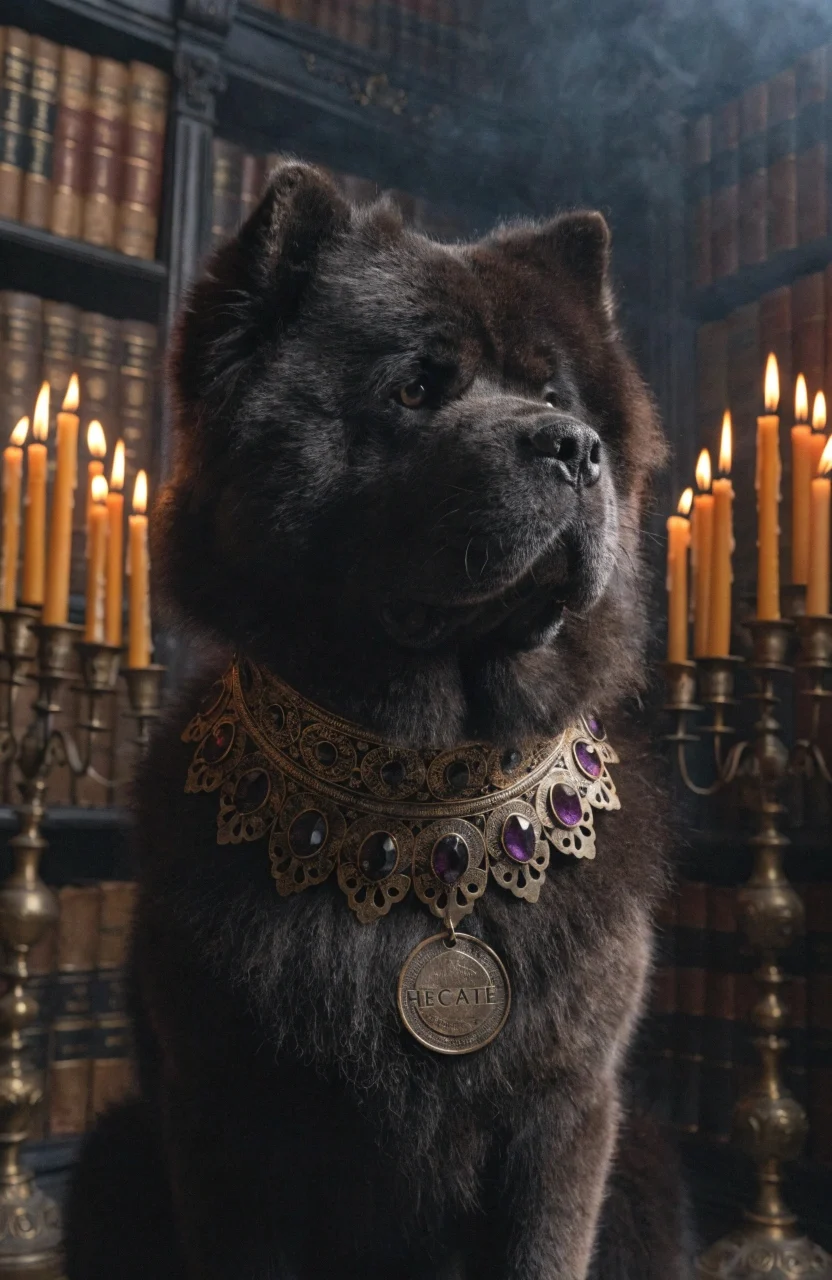 mysterious black Chow Chow in atmospheric candlelit ancient library