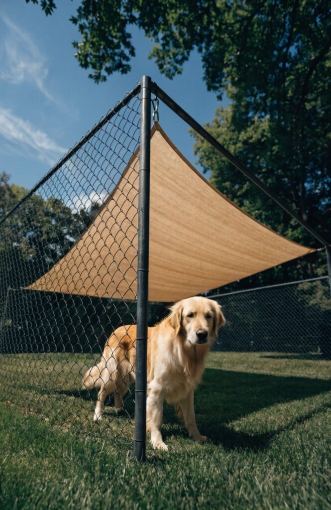 uv resistant shade sail attached over outdoor dog kennel frame