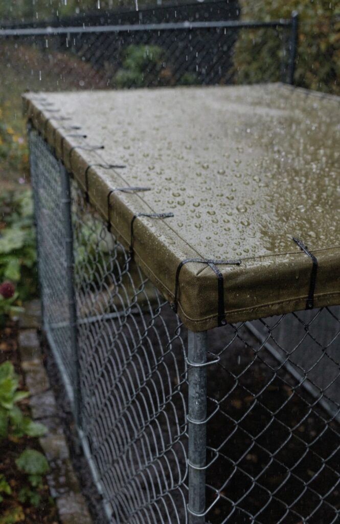 waterproof canvas panel fastened to top of outdoor dog kennel