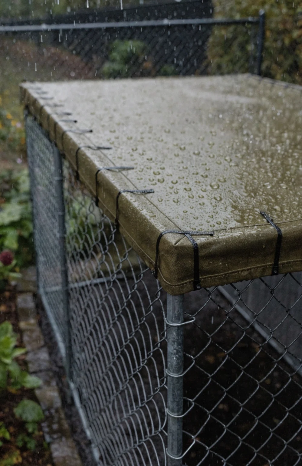 waterproof canvas panel fastened to top of outdoor dog kennel