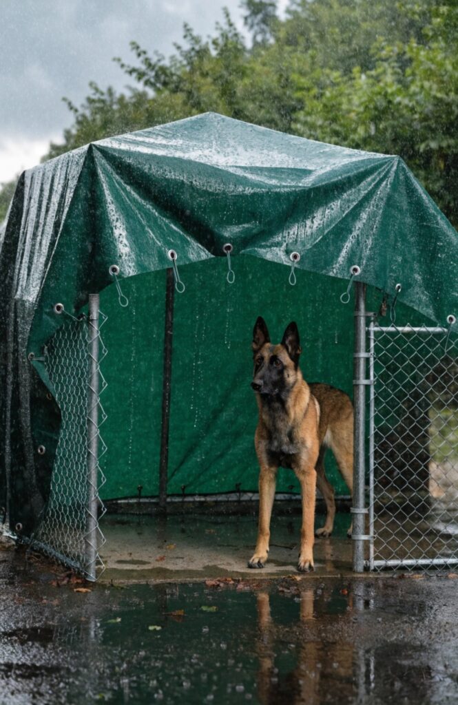 heavy duty tarp bungee corded over outdoor chain link kennel