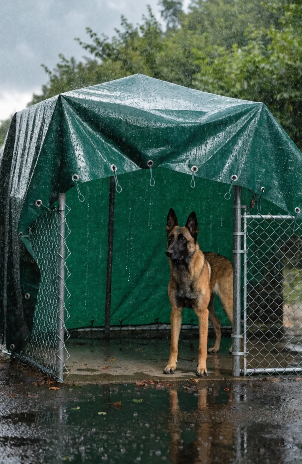heavy duty tarp bungee corded over outdoor chain link kennel