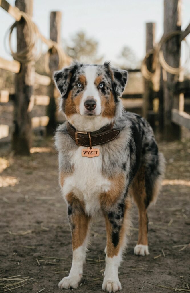 strong male dog with western cowboy name tag on ranch